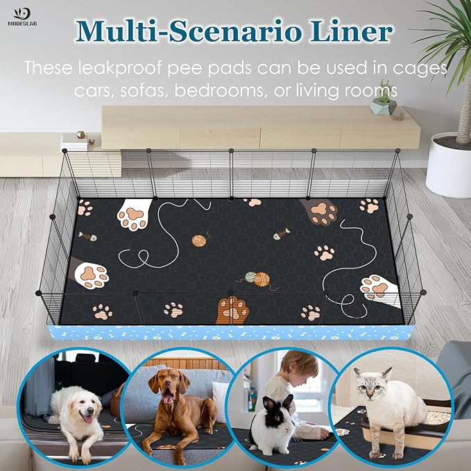 4-Pack Guinea Pig Cage Liner Washable, 24in x 47in Ultra-Absorbent Guinea Pig Bedding for Cage Non-Slip Leak-Proof Pee Pads for Dogs Rabbit Bunny Cat Litter Mat, Black
