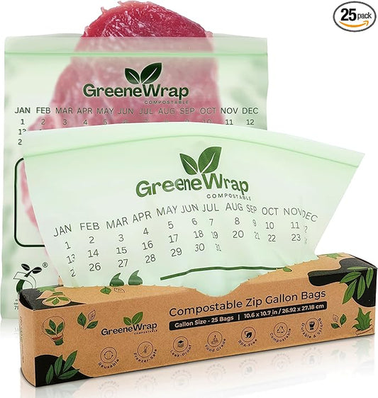 Compostable Gallon Size Zip Bags 25 Count Extra Thick 2 mil Resealable, Leak-Proof, Freezer Safe Disposable Food Storage Bags, BPI and OK Compost Home Certified, ASTM D6400