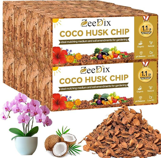 Zeedix 8 Pack Coco Husk Chips for Plants, 100% Organic Coconut Chips Mulch with Low EC & PH Balance, All Purpose for Indoor Plant Flowers Herbs Vegetables, Reptiles Terrarium Tanks Substrate(8.8LB)