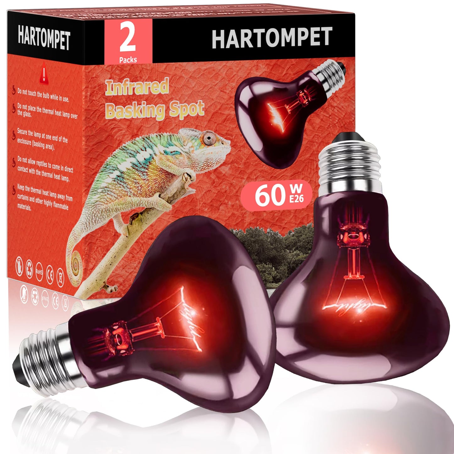 HARTOMPET 60W Infrared Red Heat Lamp – Basking Spot Bulb for Reptiles, Bearded Dragons, Chameleons, Snakes & Lizards; Ideal Red Heat Emitter for Chickens Coop and Brooder Use, E26 Base | 2 Pack