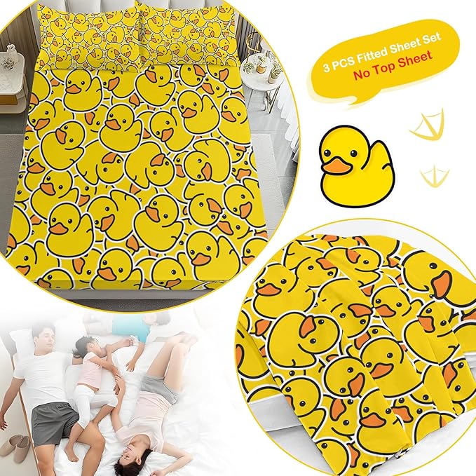Yellow Rubber Duck Fitted Sheet for Kids Soft Microfiber Breathable Yellow Bedding with 2 Pillowcases All-Round Elastic Pocket 3 Pieces Duck Fitted Sheet for Boys Girls (Twin)