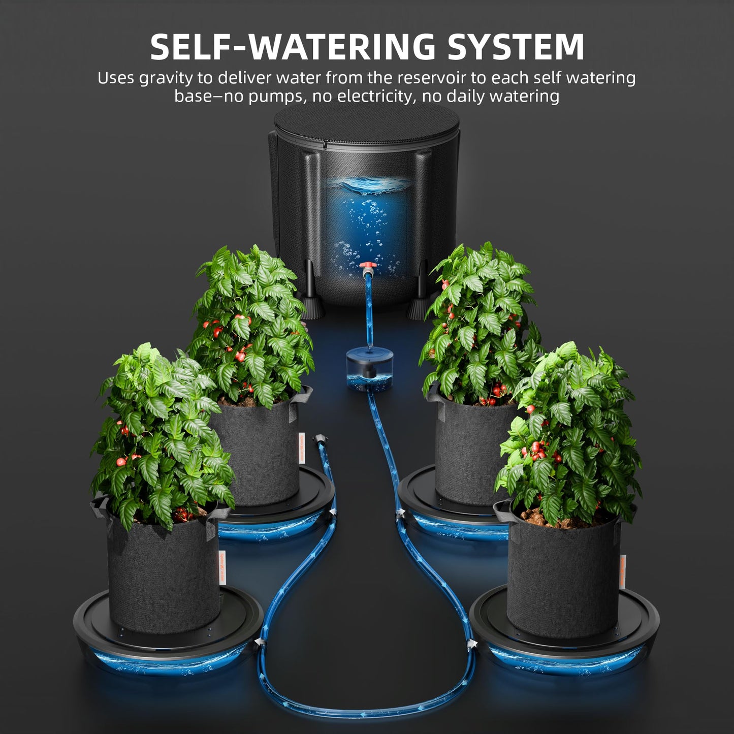 Spider Farmer 2025 Newest Gravity-Fed Self-Watering System No Power Needed, 4-Pack Auto Watering System with 13 Gallon Reservoir, 4Pcs Water Delivery Fabric Pot Base for Indoor Plants, Grow Tents