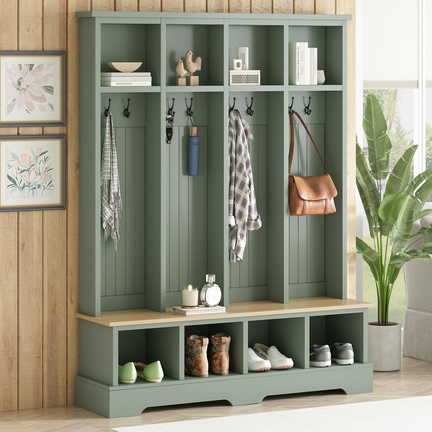 Merax Farmhouse Hall Tree with Bench and Shoe Storage, 59" Entryway Bench with Coat Rack, 3-in-1 Hall Tree with Top Compartments and 8 Hooks for Hallway, Living Room, Green