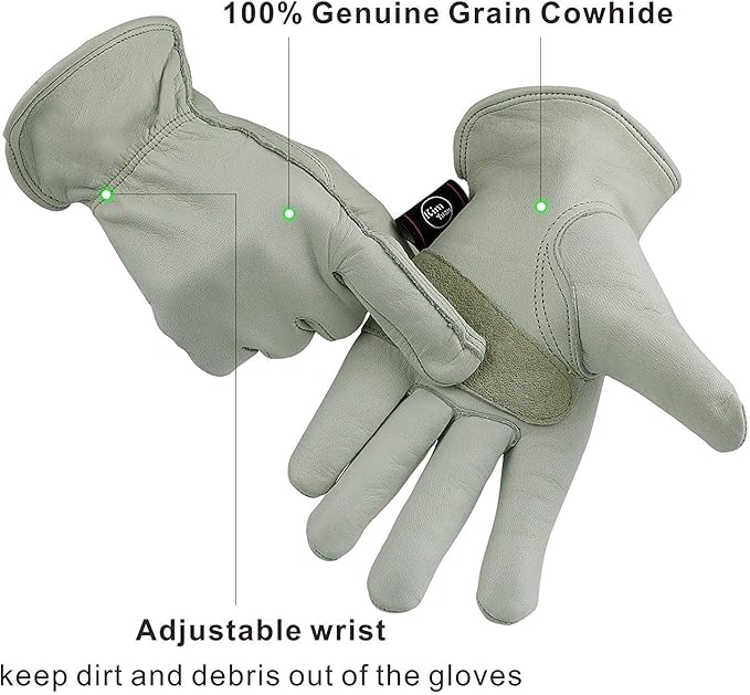 Leather Work Gloves Grain Cowhide for Yard Work, Gardening, Farm, Warehouse, Construction, Motorcycle, with Elastic Wrist, Men & Women XXL 1 Pair