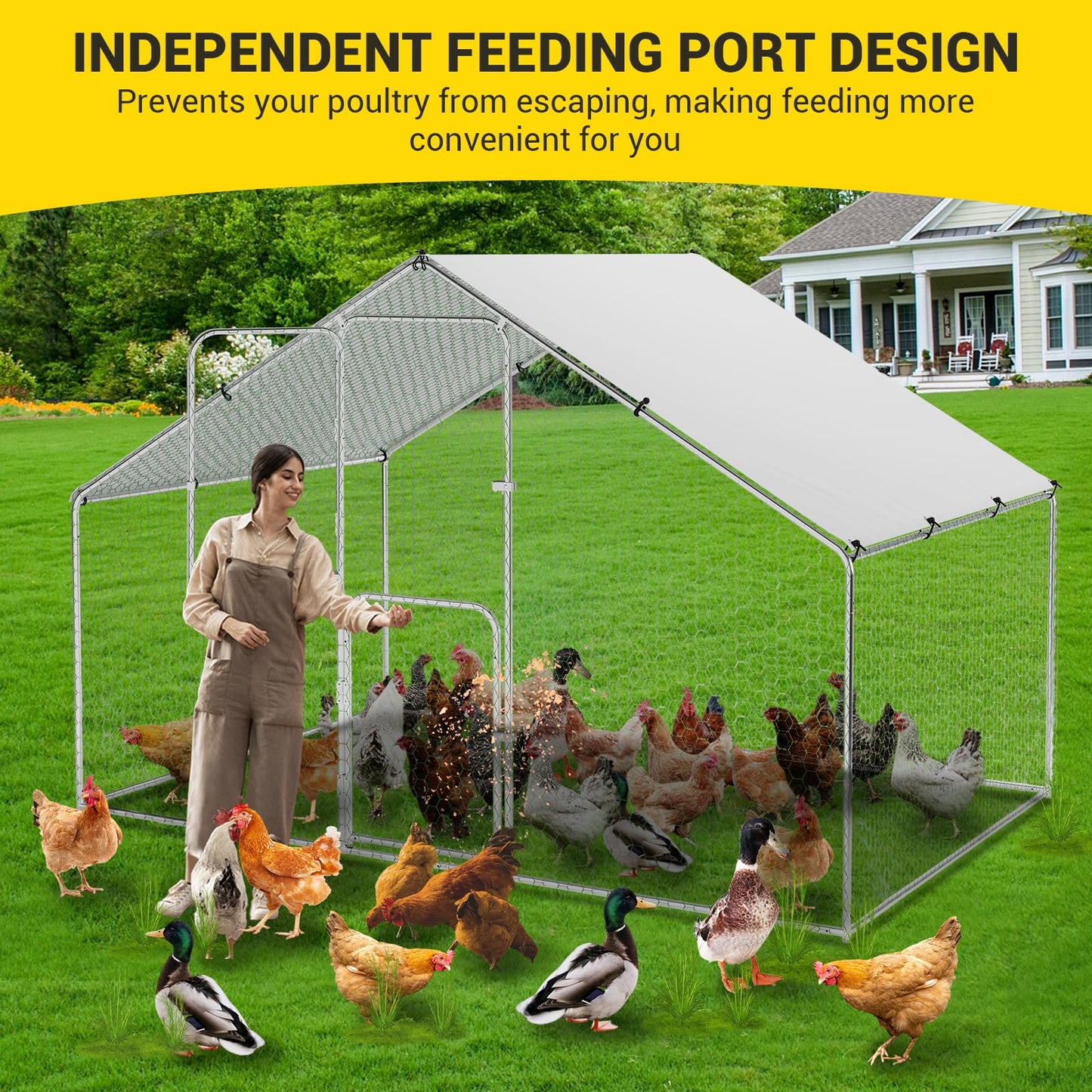GarveeLife Large Metal Chicken Coop with Waterproof and Anti-UV Cover, Walk-in Poultry Cage, Chicken Pen, Outdoor Chicken Run for Backyard Farm Use, 9.8x6.5x6.5 FT