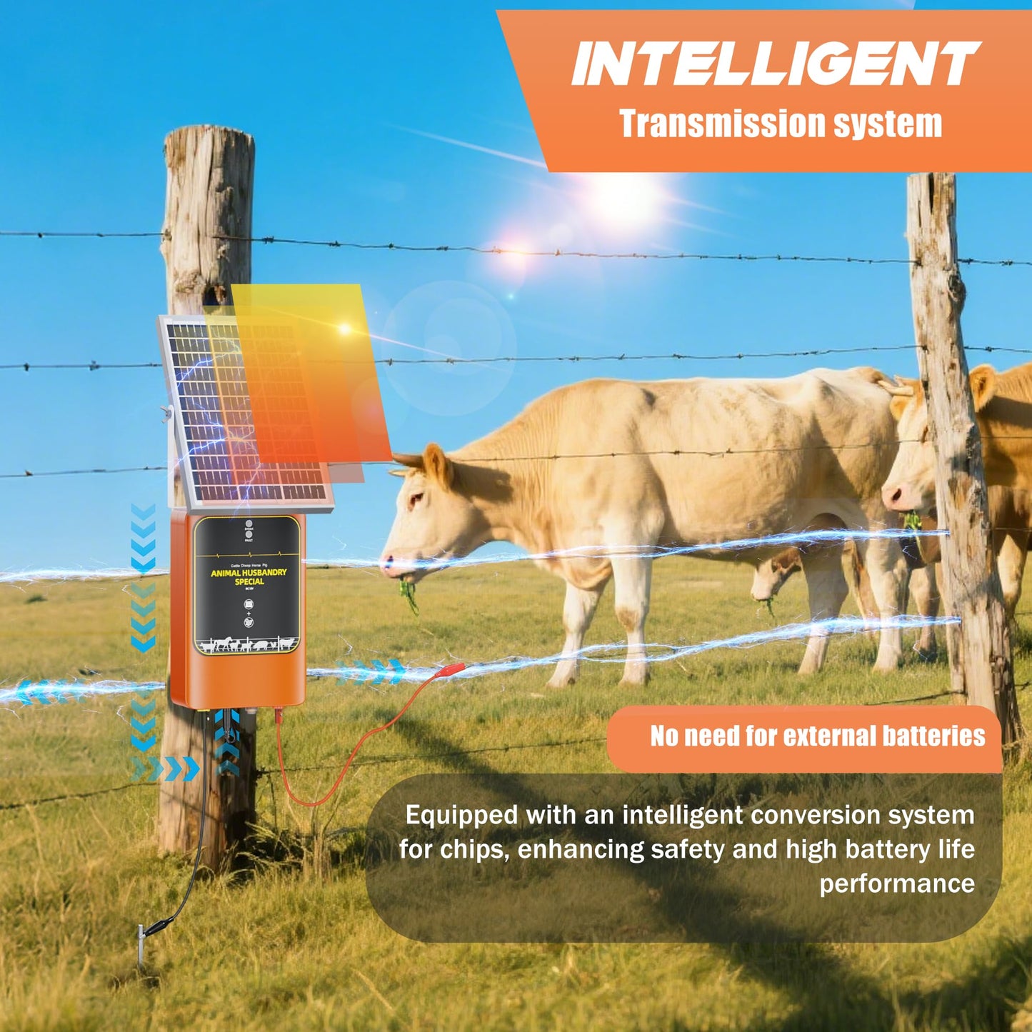 10-Mile Livestock Electric Fence, 12W Solar Panel Fast Charging,24-Hour uninterrupted Discharge to Drive Away Wild Animals, Built-in Large-Capacity Battery, can Last for X Hours (Orange Color)