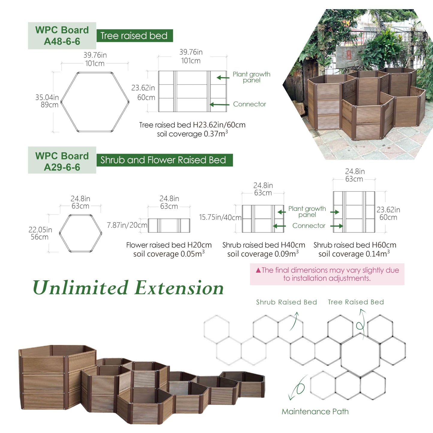 Aluco Wood Hexagon WPC Raised Garden Bed, Expandable Modular Planter for Vegetables, Flowers, Herbs and shrubs with Protective Liner, Easy Assembly