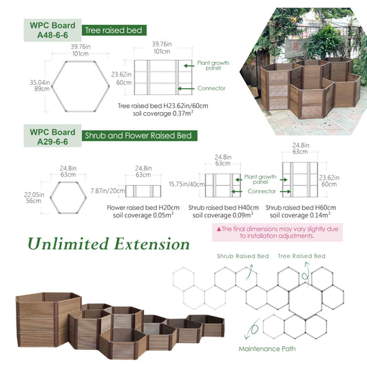 Aluco Wood Hexagon WPC Raised Garden Bed, Expandable Modular Planter for Vegetables, Flowers, Herbs and shrubs with Protective Liner, Easy Assembly