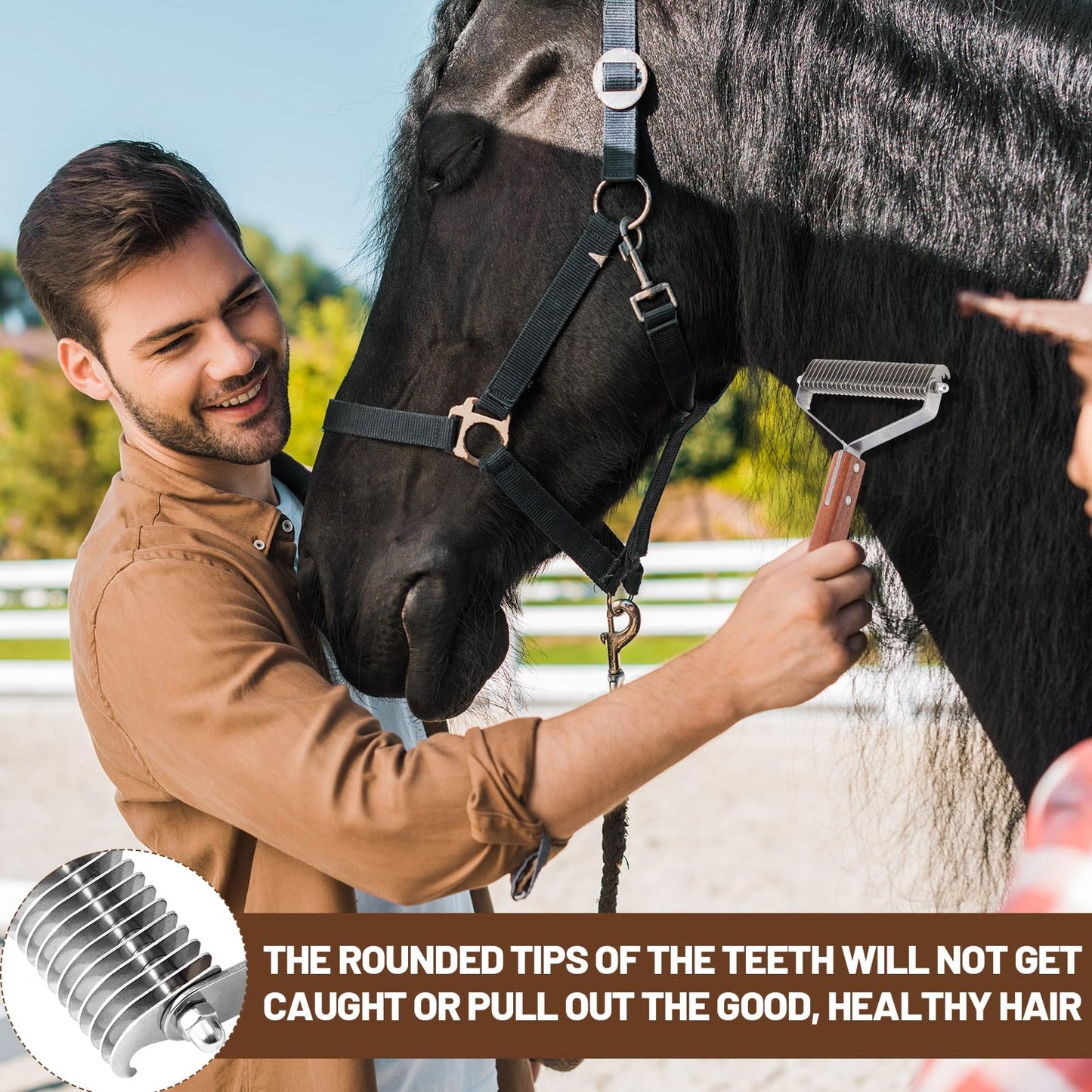 Abbylike Large Horse Brush Deshedding Tool Horse Goats Cow Brush for Shedding Cattle Livestock Comb for Grooming Dematting Supplies with 27 Stainless Steel Blades and Wood Handle