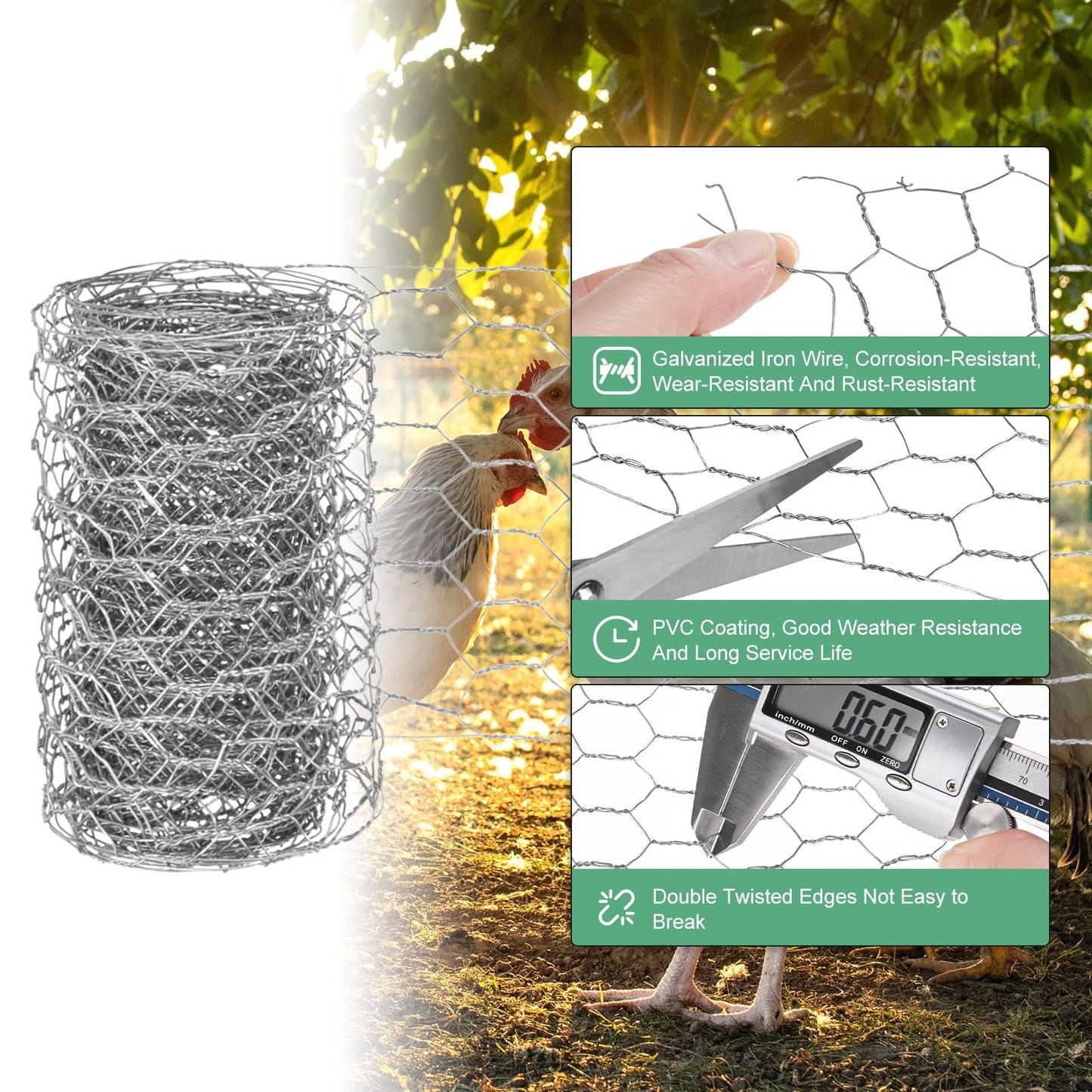 M METERXITY Chicken Wire for Floral Arrangements, 4 x 118 in Galvanized Iron Hexagonal PVC Coated for Crafts/Poultry/Garden, Chicken Wire Netting Fence Mesh [Silver Tone]