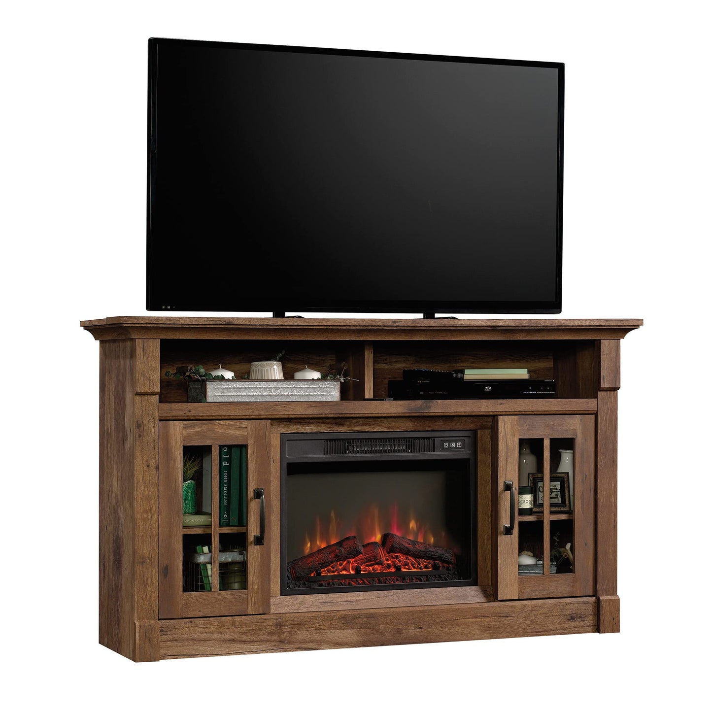 Sauder Miscellaneous Fireplace Credenza, L: 60.0" x W: 16.73" x H: 35.04", Vintage Oak Finish