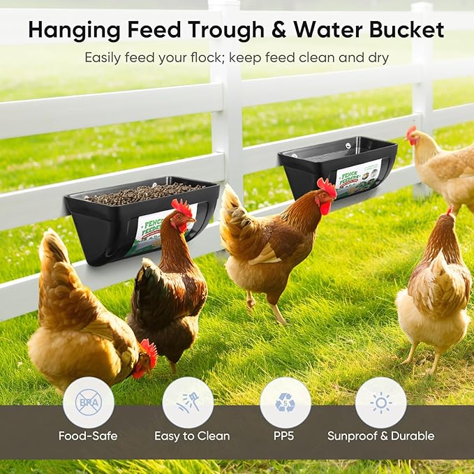 4 Pack Goat Feeders Hanging, Chicken Feeder, with Clips Hanging Fence Feeders, 4.5 Quart Feed Buckets for Horses, Duck Feeder, Chicken Water Feeder, Poultry Feeding Trough
