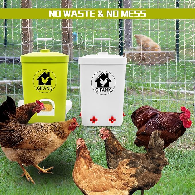 Chicken Feeder and Waterer Set,3 Gallon Automatic Chicken Feeder No Waste,Hanging Poultry Waterer Feeder Kit with Chicken Waterer Nipples and Feeding Ports,Chicken Coop Accessories