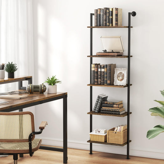 5-Tier Solid Wood Narrow Ladder Shelf, Wall Mount Bookcase, Storage Rack for Living Room, Bedroom, Industrial Style, Dark Brown