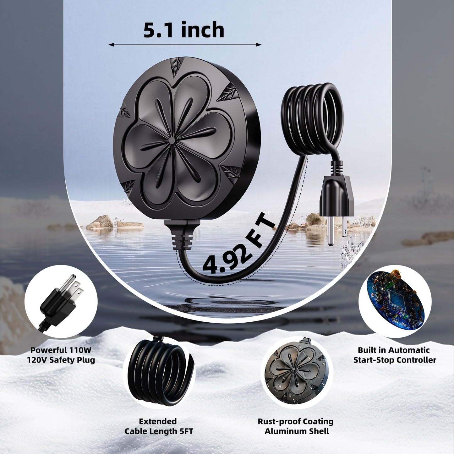 Bird Bath Heater for Outdoors in Winter, 110W Birdbath Water Heater Full-Covered Aluminum, Bird Bath Deicer Pond Deicer with Thermostatically Control, Chicken Water Heater, 4.92 Ft Power Cord (Black)