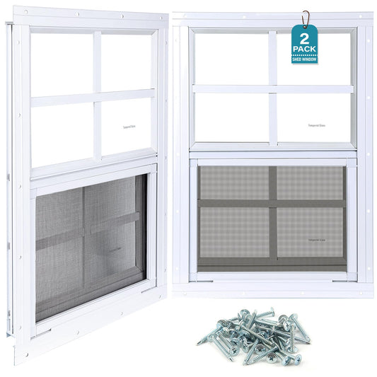Melkus 2 Pack Shed Windows 24''x36'' Flush Mount Chicken Coop Windows with Tempered Glass and Screen, Sliding Windows for Chicken Coop, Shed, Garage, Playhouse, Barn,Greenhouse, White