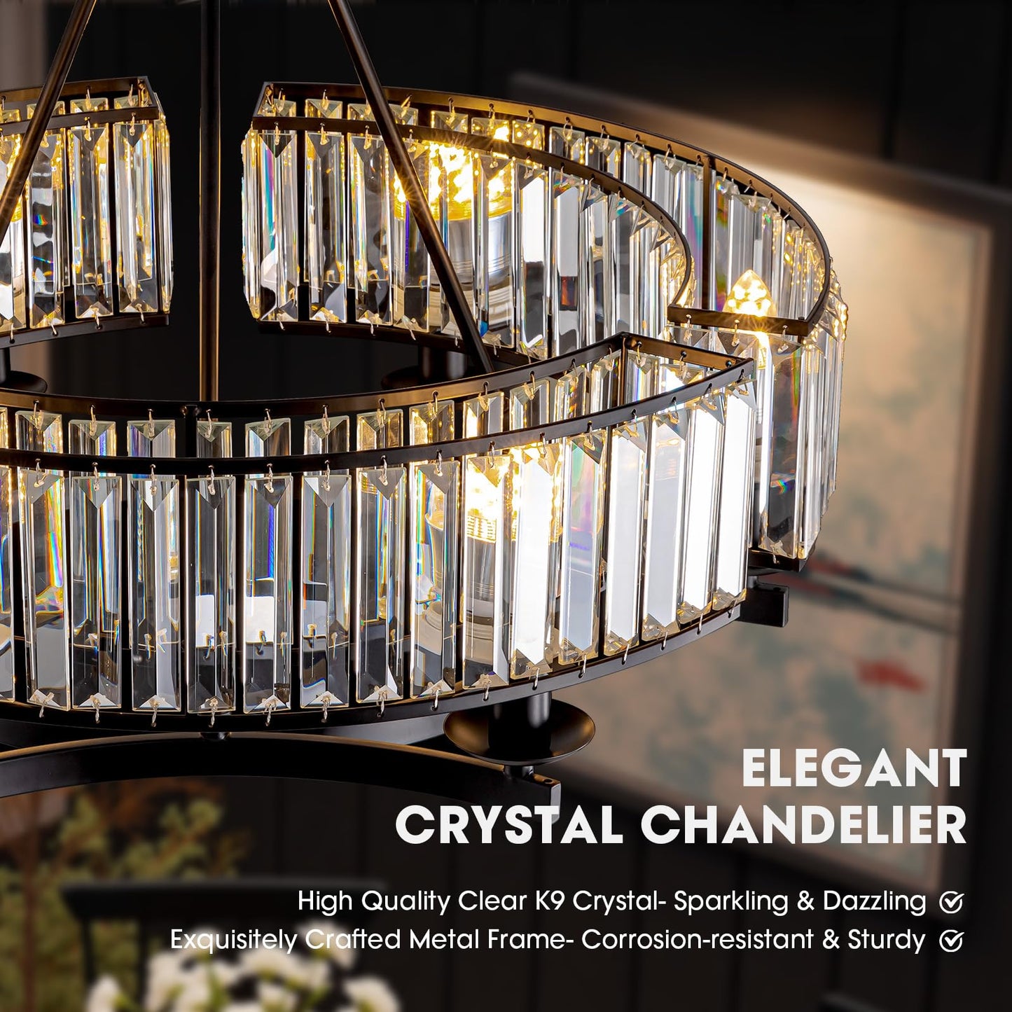 WECHAET Modern Black Farmhouse Chandeliers for Dining Room Light Fixture, 6-Light Adjustable Round Crystal Chandeliers for Living Room Kitchen Island Foyer Entryway, D31.5