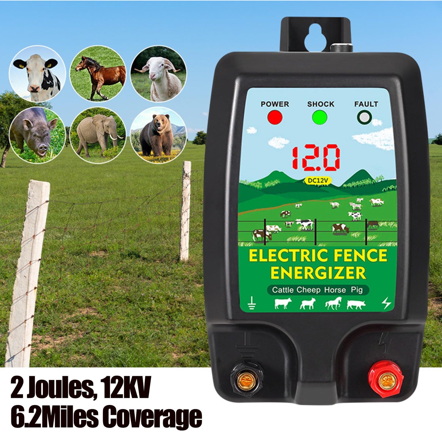 2 Joule Electric Fence Charger, 12KV Electric Fence Energizer, LED Display, AC 110V or DC 12V Power for Livestock Poultry Pets Farm Pasture Garden Ranch Orchard