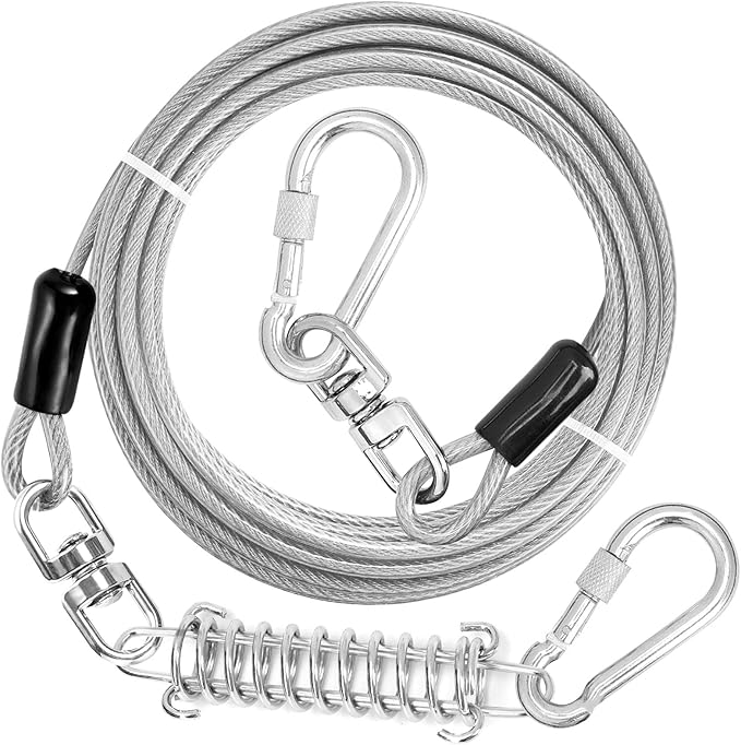 Jenico Dog Tie Out Cable, 10-150FT Runner Cable with Swivel Hook and Shock Spring, Outdoor Dog Leash Tether for Small to Medium Pets Up to 500 LBS
