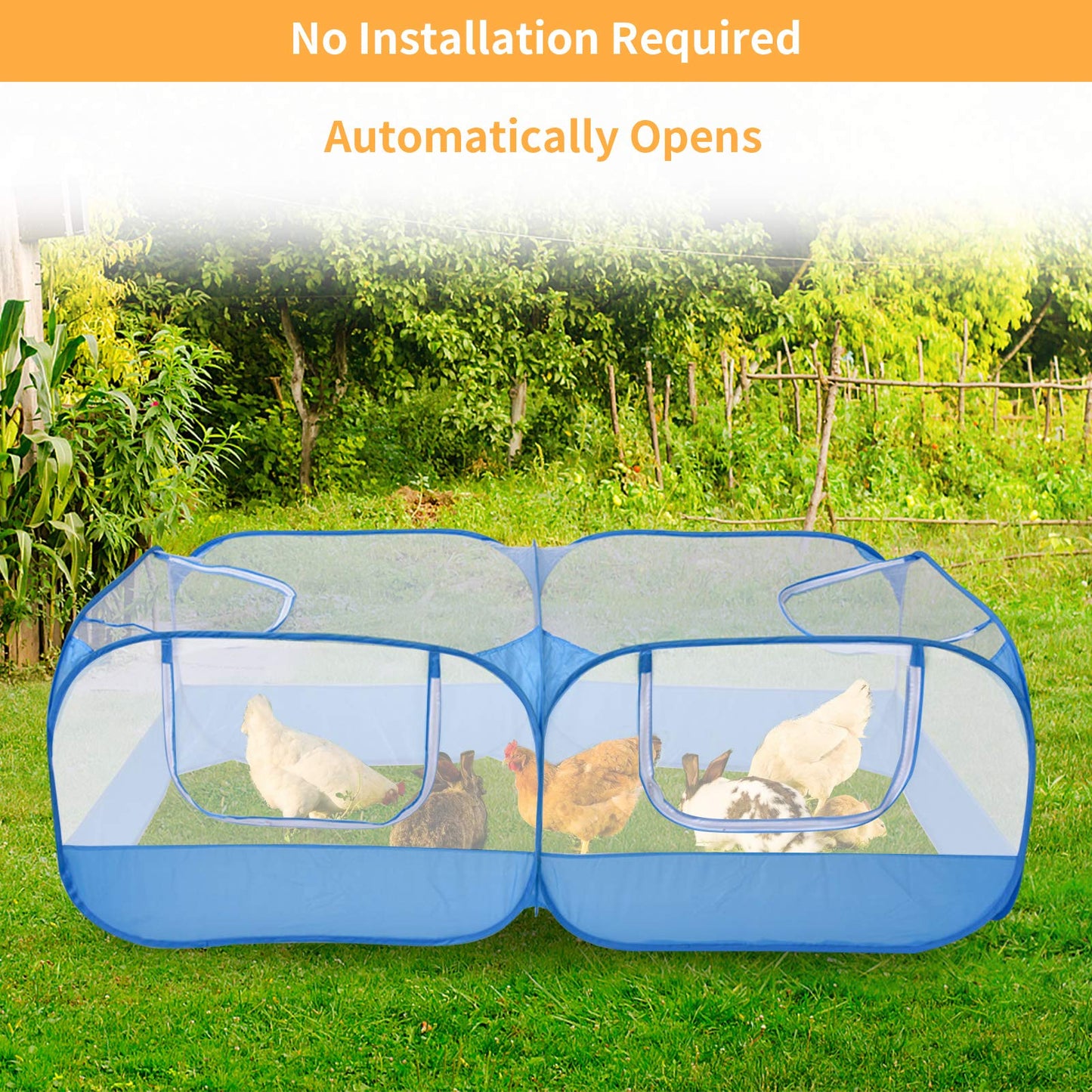 Jhua Pet Playpen for Small Animals, Portable Chicken Run with Cover, Foldable Chicken Coop Outdoor, Play Pens for Small Pets with Transparent Mesh Walls for Chicken Duck Puppy Cat Rabbit (Blue)