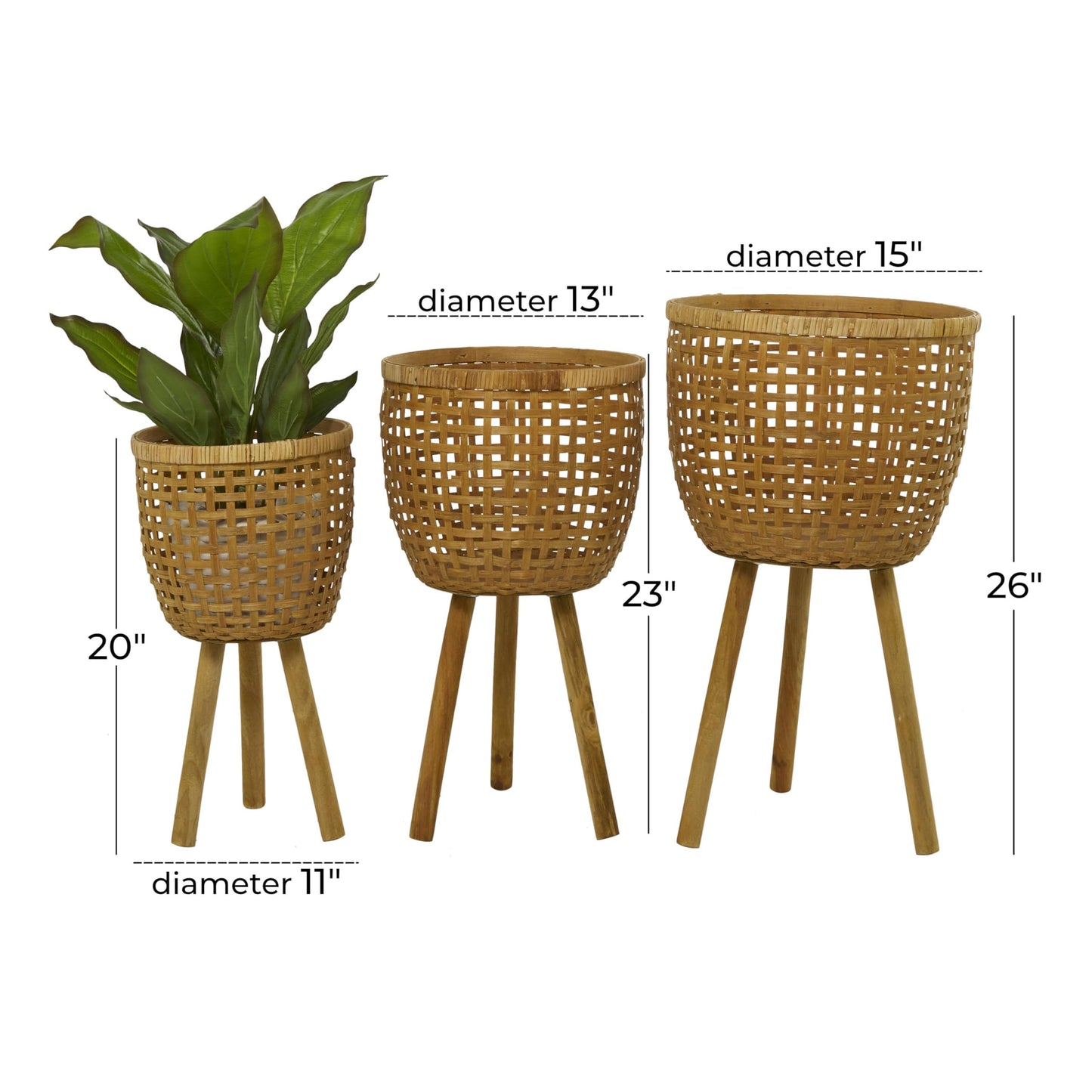 Deco 79 Bamboo Wood Handmade Indoor Planter Woven Basket Large Planter Pot with Wooden Tripod Legs, Set of 3 Planters 26", 23", 20"H, Brown