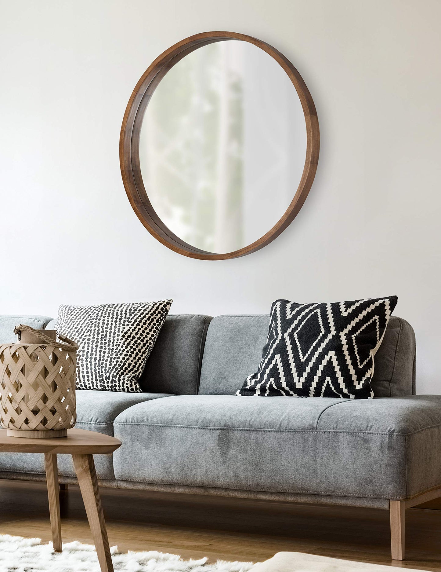 Kate and Laurel Hutton Round Wood Framed Wall Mirror, 36" Diameter, Natural Rustic Brown, Geometric Home Decor