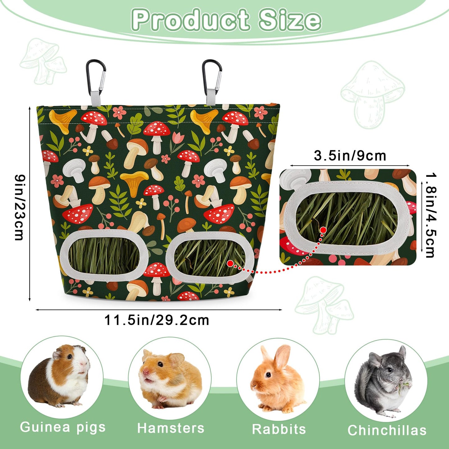 Glittme 2 Pack Guinea Pig Hay Feeder, 11.5x9 Inch Hay Bag for Rabbits, Hanging Hay Holder for Guinea Pigs Cage Hay Feeder for Bunny, Small Pets,Green Mushroom