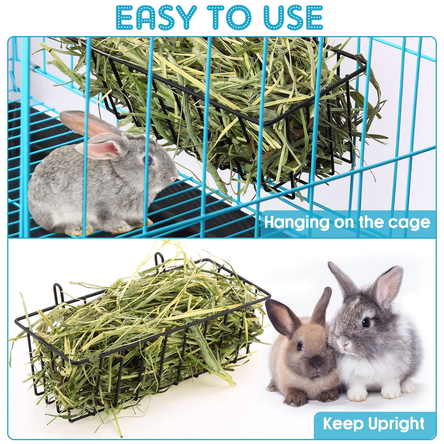 Therwen 4 Pcs Rabbit Hay Feeder Heavy Duty Metal Rabbit Hay Rack with Hooks Cage Hanging Hay Holder for Chinchilla Bunny Guinea Pig Ferret Accessories(9.1 x 3.9 x 3 Inches)