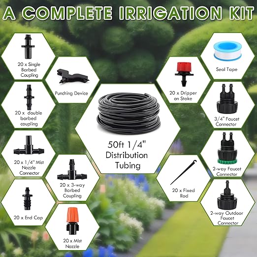 Drip Irrigation Kit, Drip Irrigation System for Garden with 1/4" Irrigation Tubing DIY Saving Water Automatic Watering System for Garden, Greenhouse, Flower Bed, Patio, Lawn