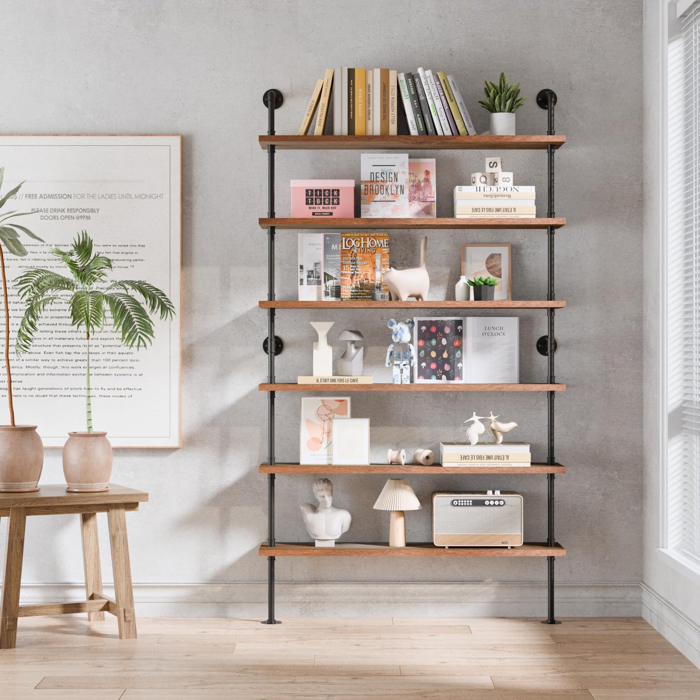 Anynice Industrial Ladder Pipe Shelf, Wall Mounted Wood Metal Bookshelf for Living Room Storage (Weathered Brown, 6 Tier - 10" D x 48" W x 82.5" H)