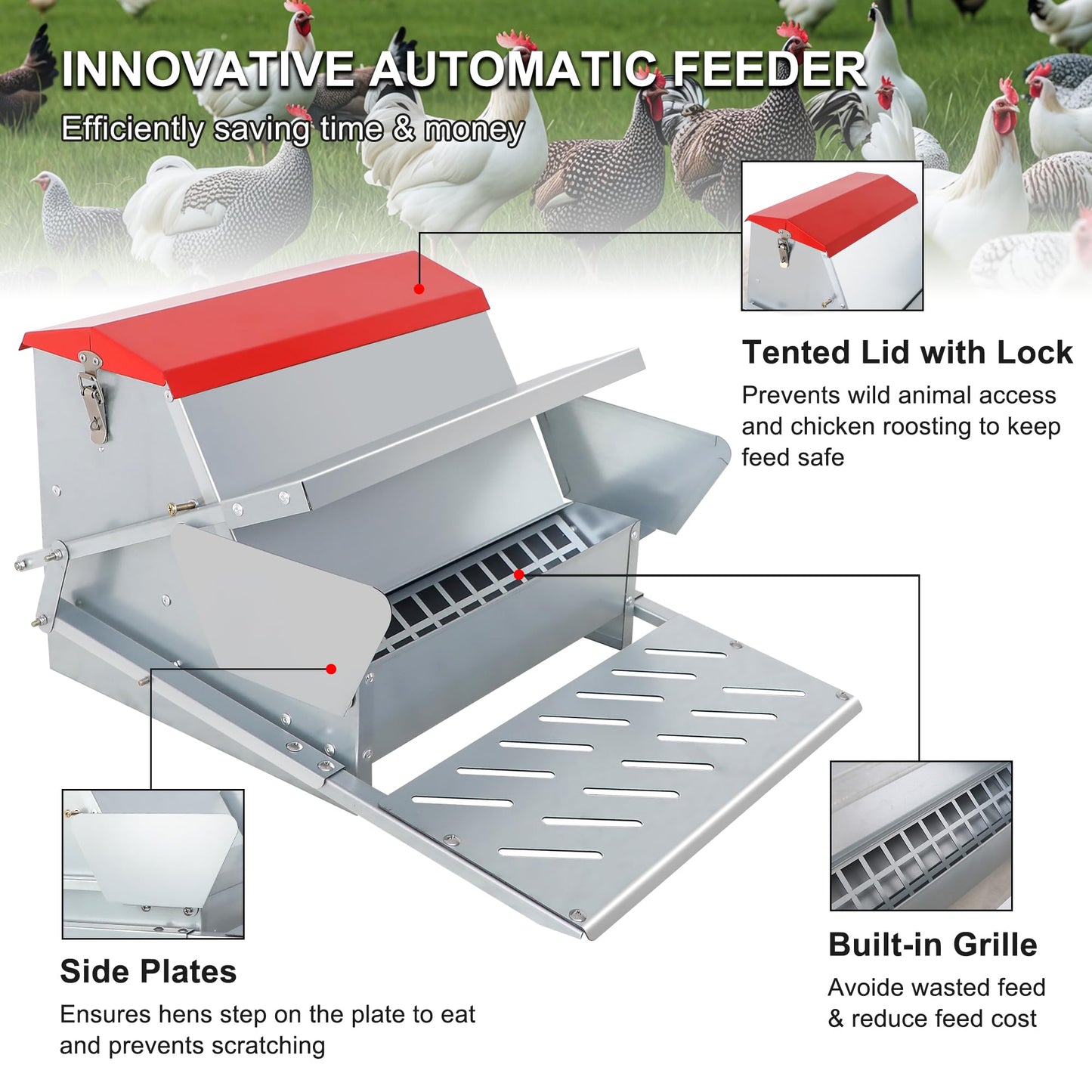 Large Automatic Chicken Feeder-25lb Metal Treadle Chicken Feeder No Waste, Rat Proof Poultry Feeder with Sturdy Galvanized Steel Build & Weatherproof Locking Lid for Duck, Fowl, Pheasants Outdoor Use