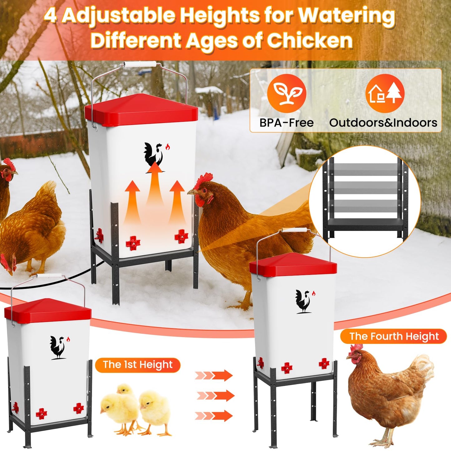 Heated Chicken Waterer, 3.2 Gallon Poultry Water Heater for Winter with 4 Horizontal Nipples, Thermostatically Controlled, 4 Adjustable Heights, Anti-Freezing Watering System for Coop Accessories