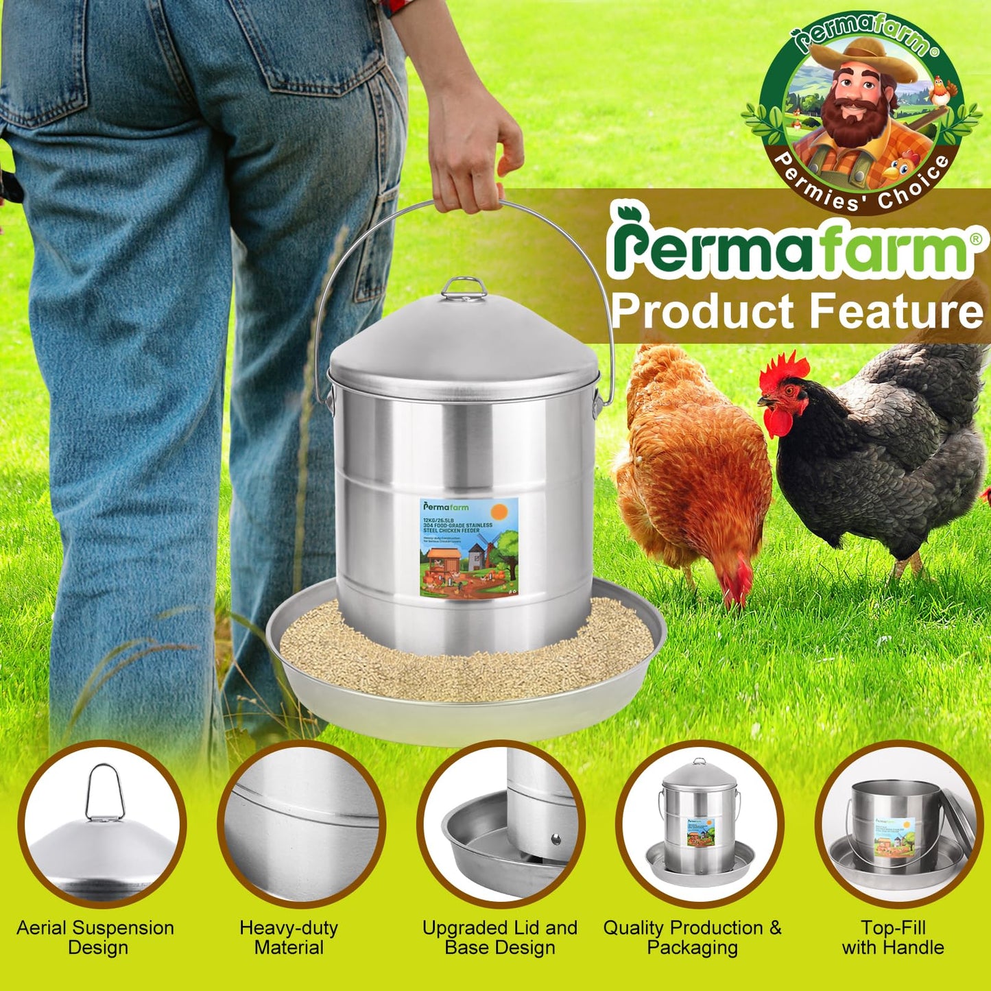 Permafarm® Automatic Chicken Feeder 12KG/26.5lbs, Authentic 304 Food-Grade Stainless Steel Poultry Feeder |Heavy-Duty 0.9mm Metal Thickness, Top-Fill Design, Rust-Free & Built for Life-Long Durability