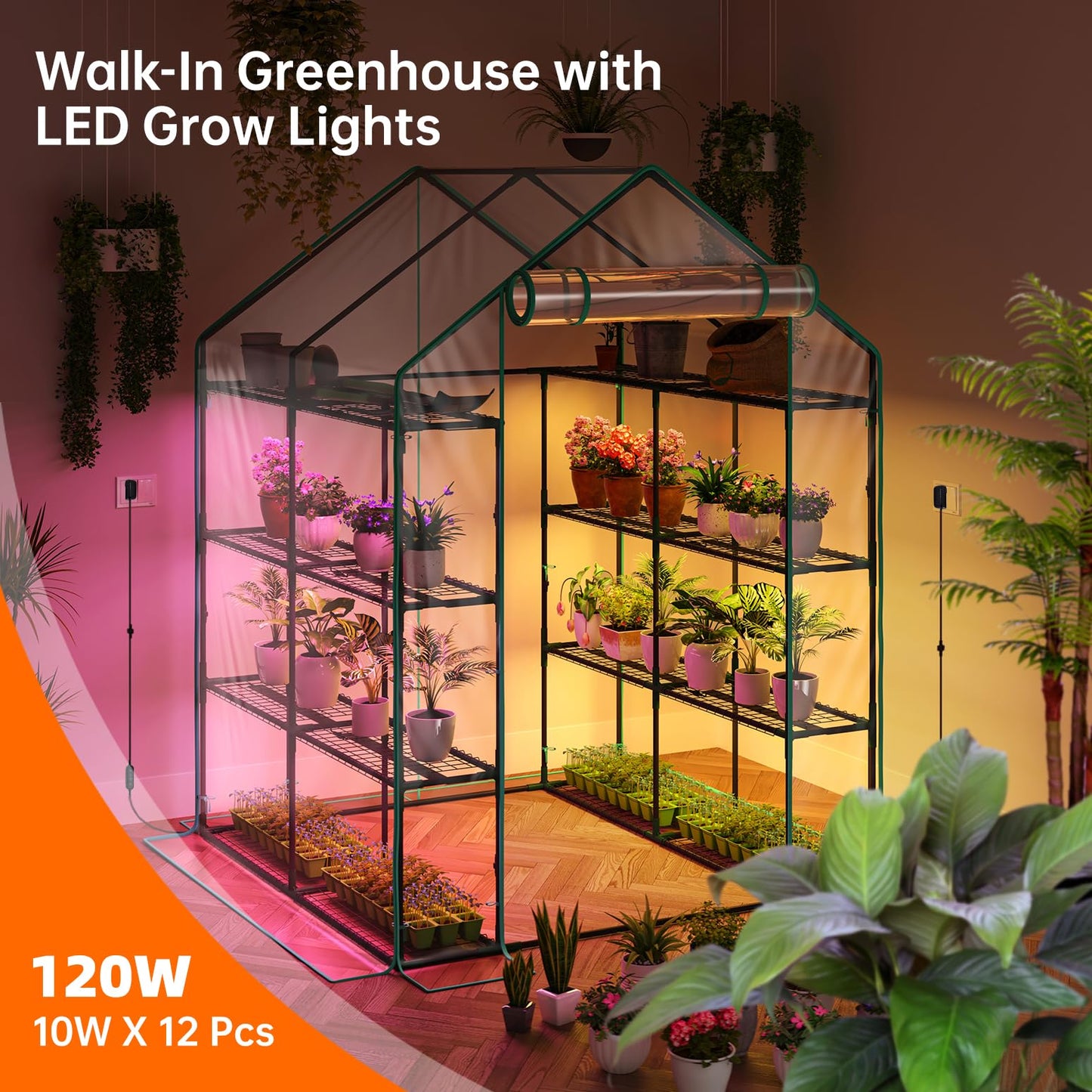 Bstrip Walk In Greenhouse, Indoor Greenhouse with Grow Lights, Mini Indoor Greenhouse with Roll-Up Zipper Entry Door and PVC Cover, Dimmable 2FT 120W Plant Light with Timer (56.3"W X 56.3"L X 76.8"H )