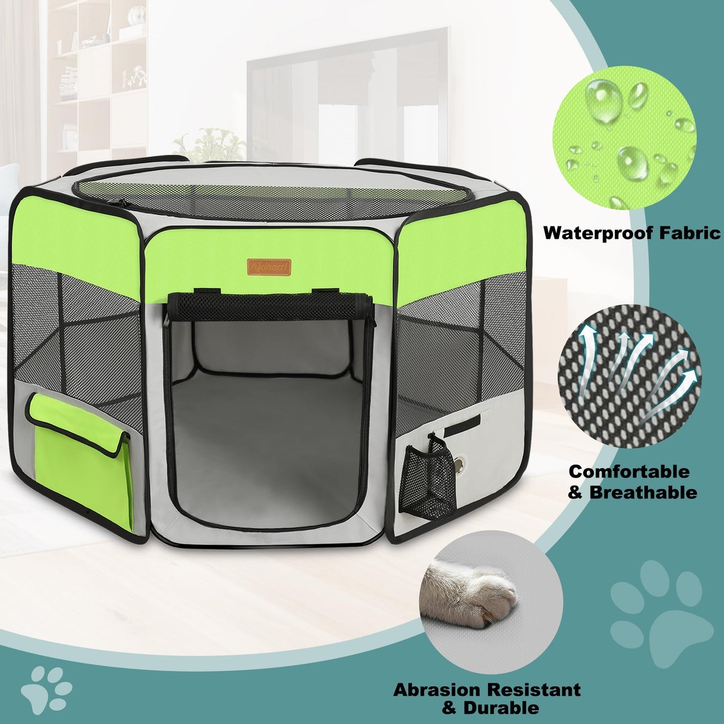 Dog Playpen, Portable Pet Play Pen for Cat, Puppies, Rabbits, Chickens, Foldable Large-Capacity Pet Tent for Indoor/Outdoor Travel Camping Green