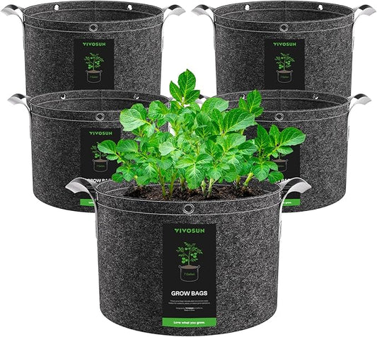 VIVOSUN 5-Pack 7 Gallon Grow Bags, 500G Thick Nonwoven Fabric Pots with Strap Handles, Multi-Purpose Rings, for Low Stress Plant Training Fruits, Vegetables, and Flowers