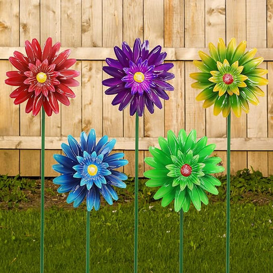 Metal Flower Wind Spinner Garden Lawn Stakes Yard Art, 27inch Lawn Windmill Ornaments Outside Garden Decorations Outdoor for Yard, 5pieces Windmill Gardening Porch Outdoor Summer Decor