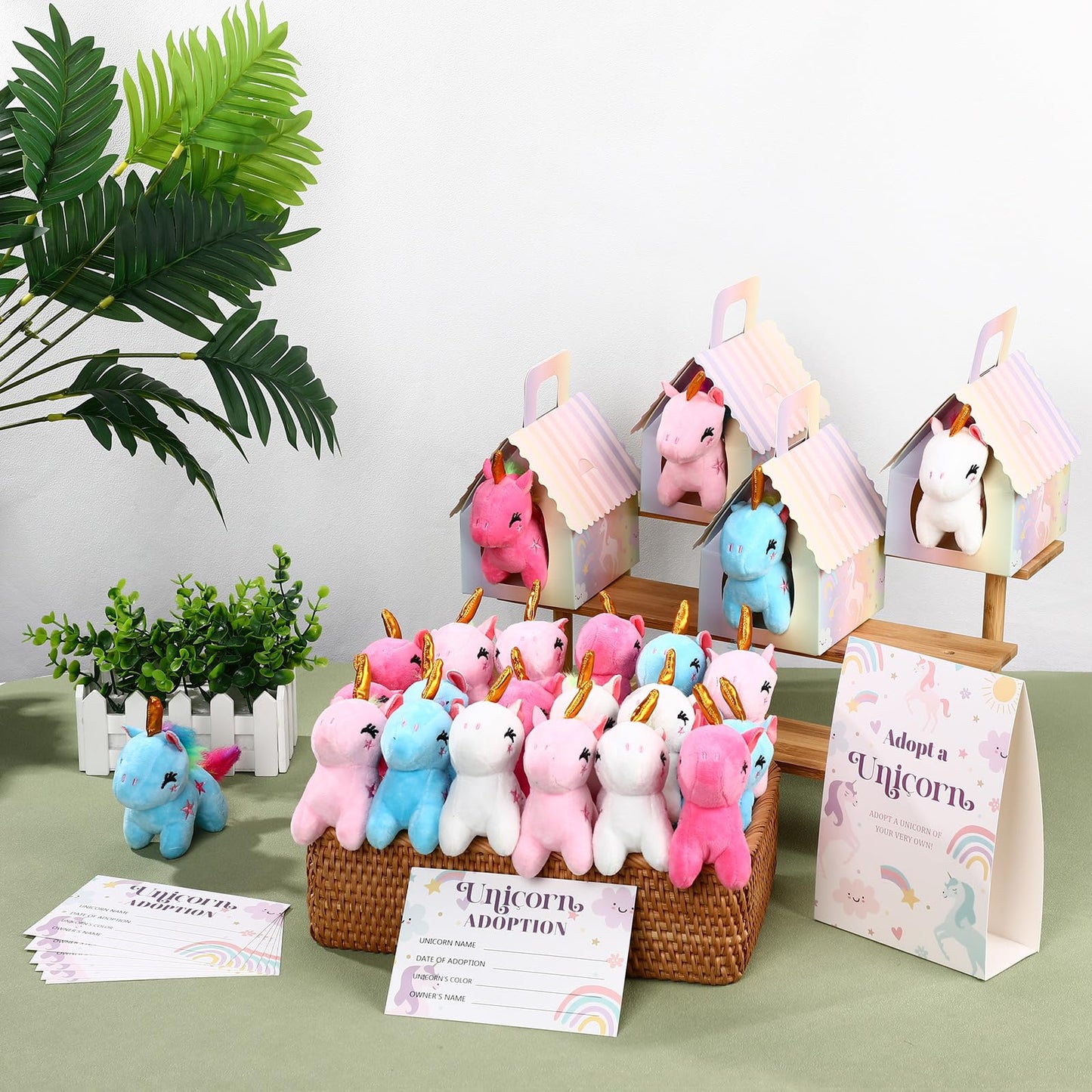Blueweenly 73 Pcs Adopt a Unicorn Party Favors Set for Girl Mini Plush Unicorn Stuffed Animal Gift Box Adoption Card 1 Animal Sign with Carton House for Adopt a Pet Party Favor Birthday Supply (Cute)
