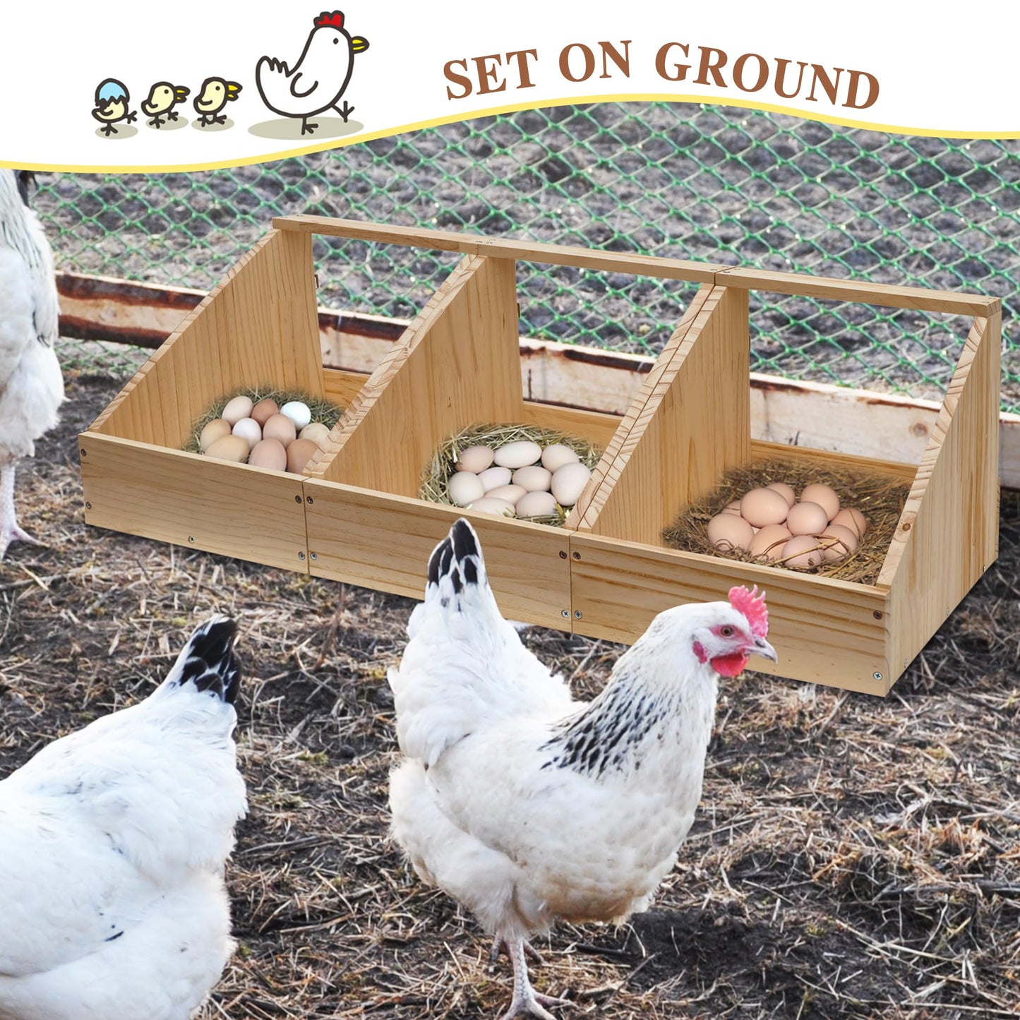 Hens Nesting Box, 3 Packs Single Compartment Solid Wood Chicken Nesting Boxes for UP to 15 Hens, Large Duty Laying Nest Box for Duck and Poultry (3 Packs)