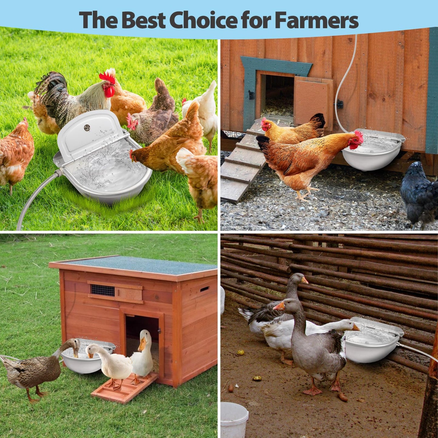 Automatic Water Dispenser for Chicken, 304 Stainless Steel Outdoor Auto Fill Waterer Bowl Self Refilling Watering System with 2 Float Valves and Drainage Hole for Chicken,Duck,Poultry