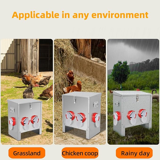 Automatic Poultry Chicken Feeder No Waste Metal Large Capacity 30 lbs Feeders for Chickens Ducks, Geese Bantams Pheasants Coop Weatherproof (6-Port)