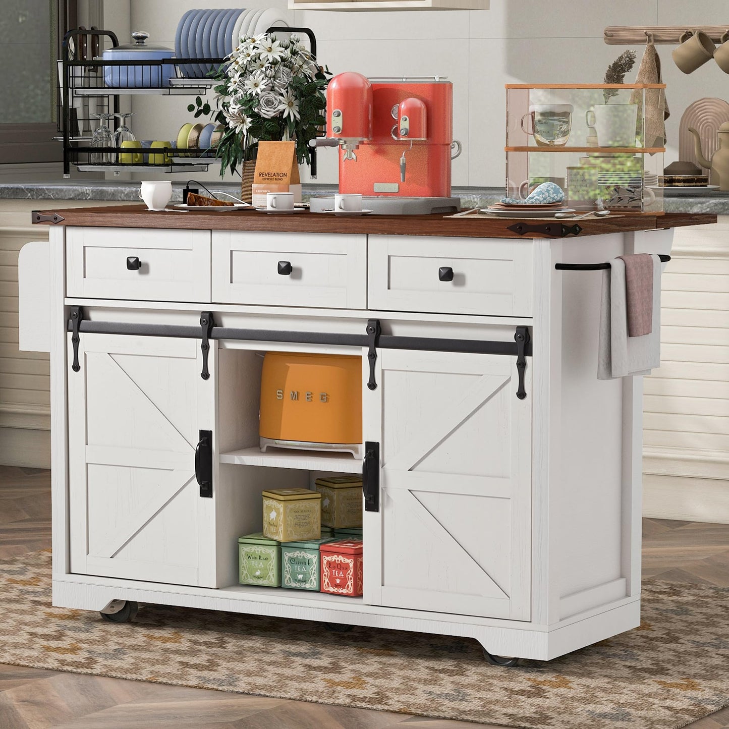 Ball & Cast Farmhouse Kitchen Island Cart with Power Outlet,2 Sliding Barn Doors,3 Adjustable Shelves,Dining Storage Island W/Drop Leaf,Spice Rack,Rolling Cart on Wheels,for Kitchen,Dining Room,White