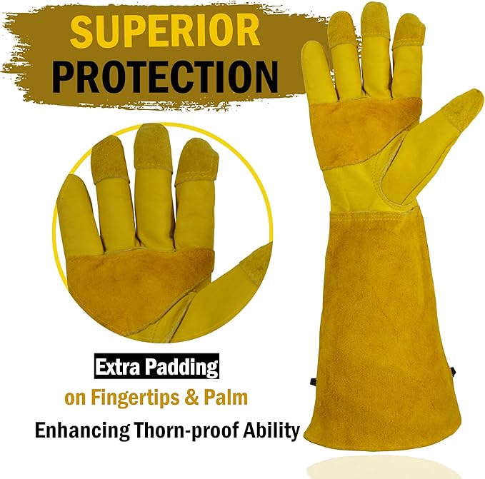Cowhide Rose Pruning Gloves, Thorn Proof Long Gardening Gloves for Women & Men, Durable Gauntlet for Cactus Handling