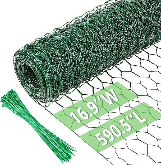 Chicken Wire 16.9 in x 590.5 in Poultry Wire Netting Hexagonal Galvanized Mesh Garden Fence Barrier for Pet Rabbit Chicken Fencing with 100 Pcs Cable Zip Ties(PVC-Coated)