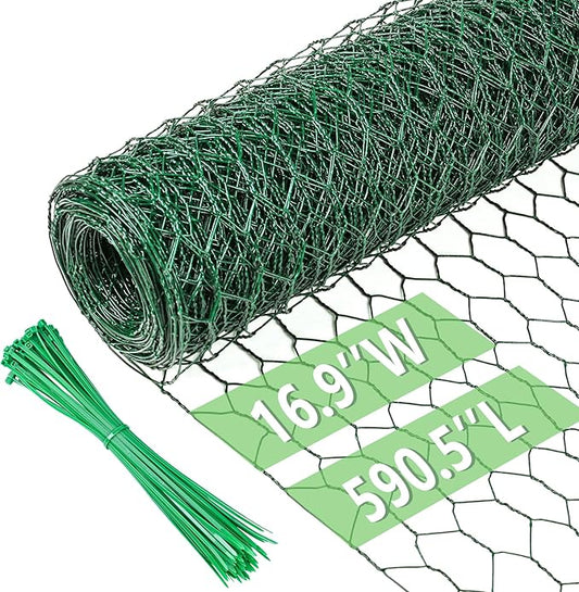 Chicken Wire 16.9 in x 590.5 in Poultry Wire Netting Hexagonal Galvanized Mesh Garden Fence Barrier for Pet Rabbit Chicken Fencing with 100 Pcs Cable Zip Ties(PVC-Coated)