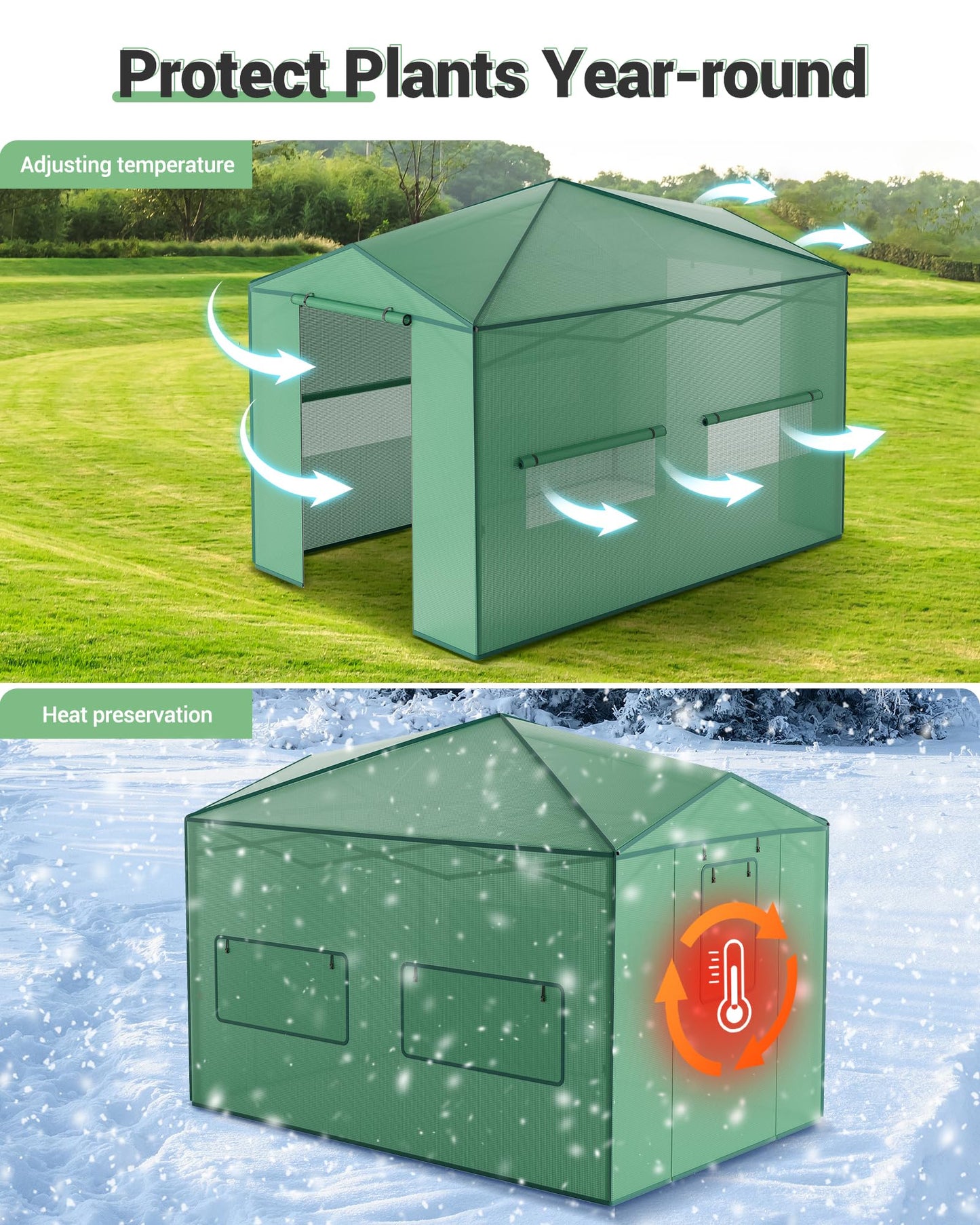 8X12 FT Portable Greenhouse for Outdoor,243 x 365 CM Wall in Pop Up Greenhouse for Gardening Plant, Zipper Roll Up Door & 4 Mesh Window, Double Frame, PE Cover Grow Tent for Winter, Green