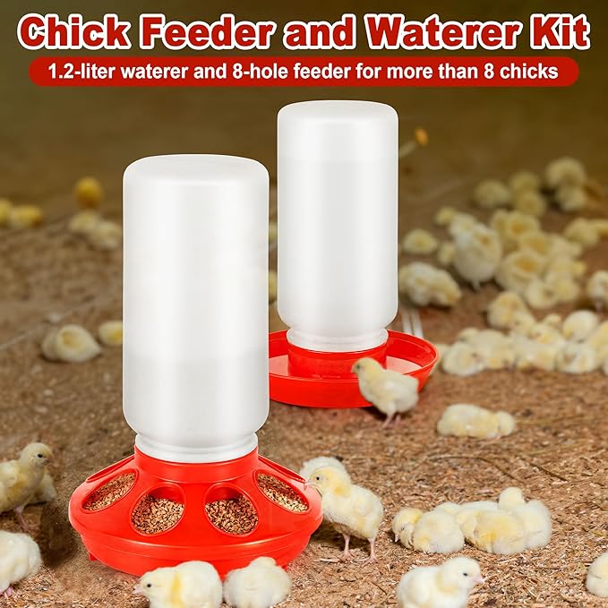Chick Feeder and Waterer Kit, Plastic Baby Chicken Feeder and Waterer Set with Chick Perch