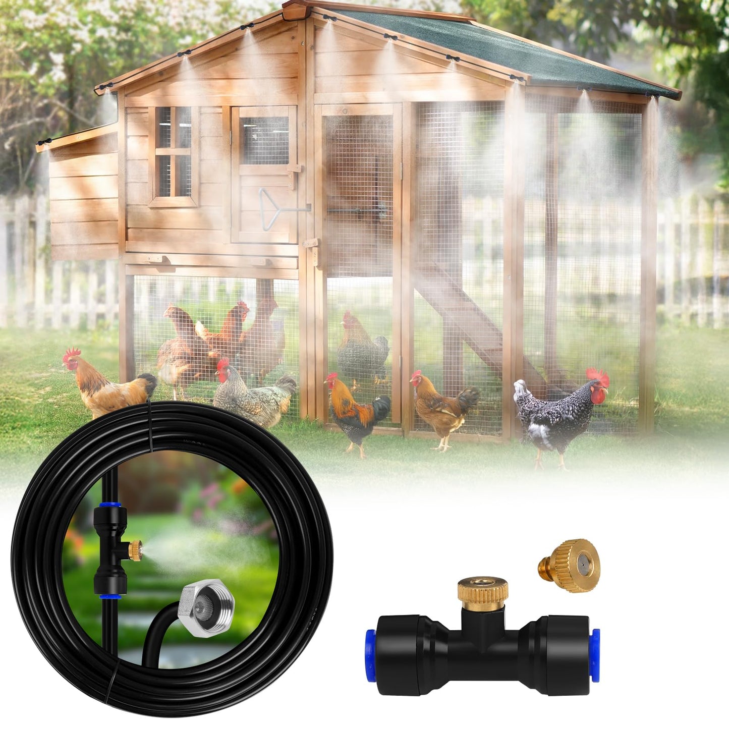 UBYNID Misters for Outside Patio, 60 FT Chicken Coop Misting Cooling System with 15 Mist Nozzles+Brass Adapter (3/4") DIY Outdoor Water Mister for Garden Trampoline Greenhouse Canopy
