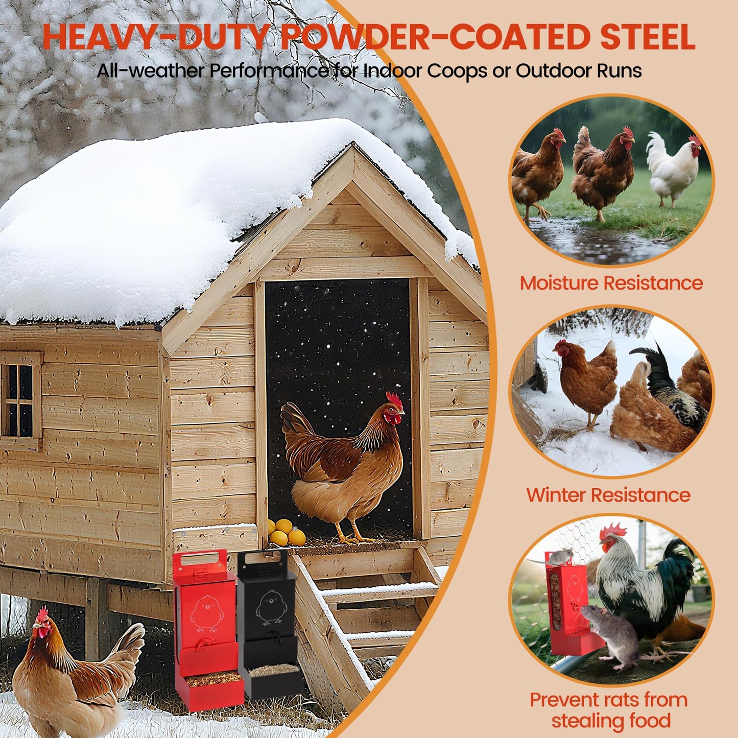 LIUXINYJEE Chicken Grit Feeder,Chicken Oyster Shell Feeder Waterproof,Feed-Level Indicator and No-Waste Chicken Feeder,Hanging Chicken Coop Accessories, Metal Automatic Chicken Feeder，10.25"X4.35" in