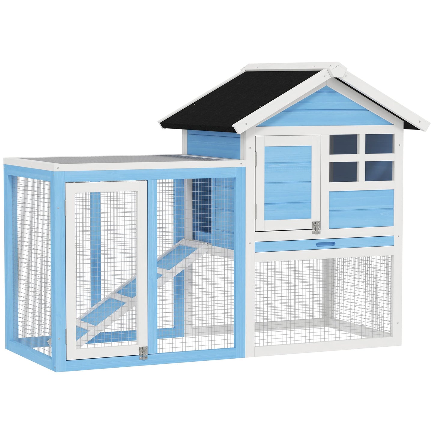PawHut 48" Wooden Rabbit Hutch Bunny Cage with Waterproof Asphalt Roof, Fun Outdoor Run, Removable Tray and Ramp, Light Blue